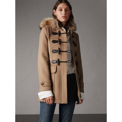 burberry fox fur trim coat|Burberry camel duffle coat.